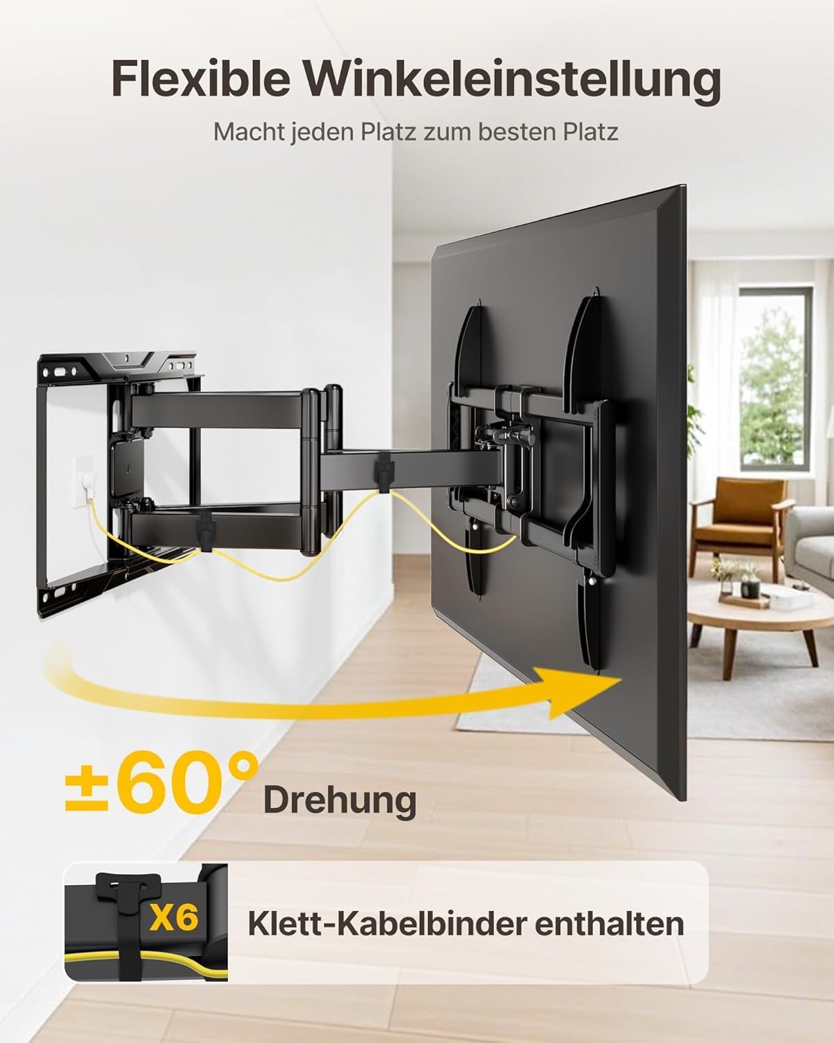 MonTEK Support mural TV avec bras super long 638 mm pour téléviseurs de 37 à 90 pouces jusqu'à 75 kg, double bras articulés, inclinaison sans outil, fonction pivotante, VESA max - 600 x 400 mm