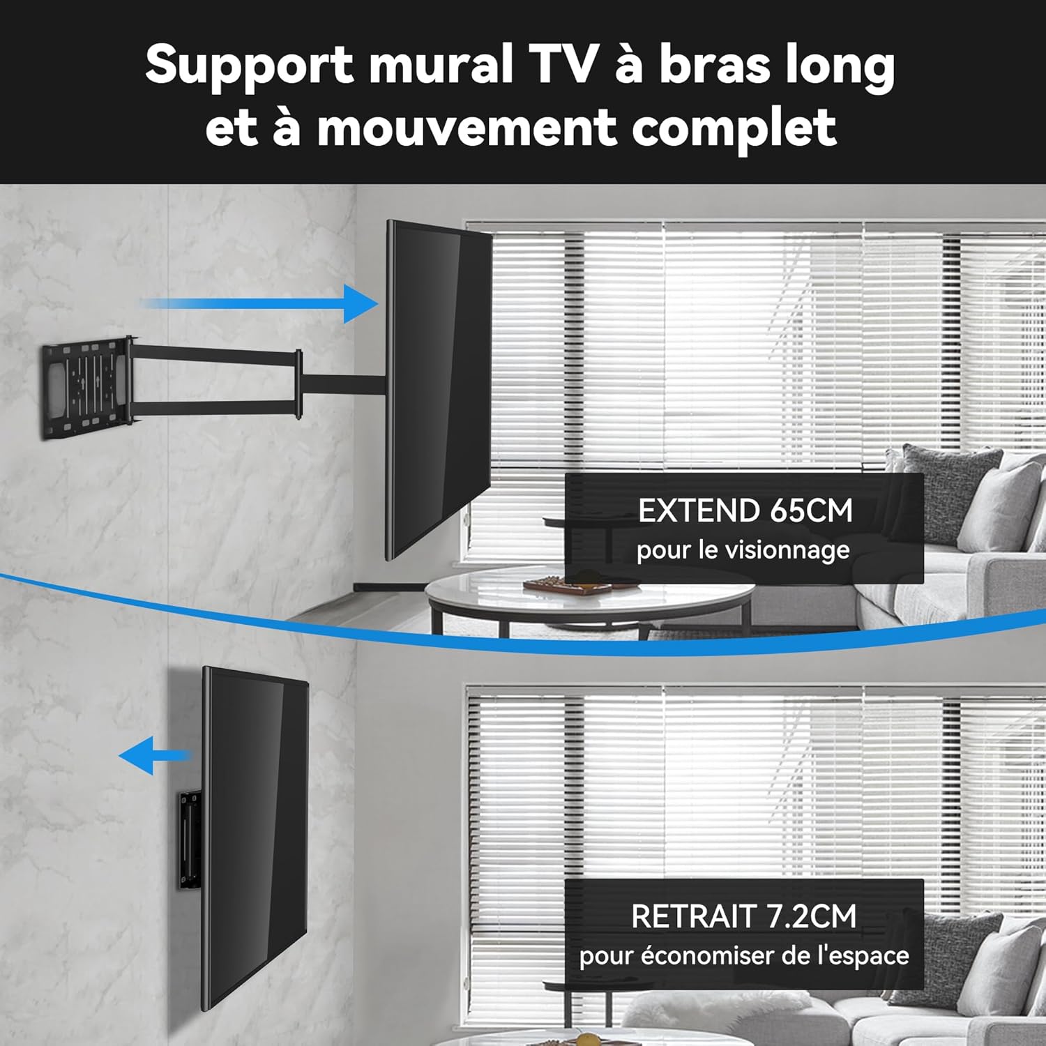 Support Mural TV Longue Portée avec Extension de 650mm, Fixation TV Murale Inclinable et Orientable Support TV Mural Pivotant pour Écrans 26-60 Pouces jusqu'à 35kg, Max VESA 400x400mm