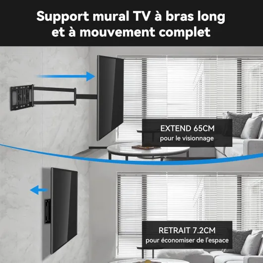 Support Mural TV Longue Portée avec Extension de 650mm, Fixation TV Murale Inclinable et Orientable Support TV Mural Pivotant pour Écrans 26-60 Pouces jusqu'à 35kg, Max VESA 400x400mm
