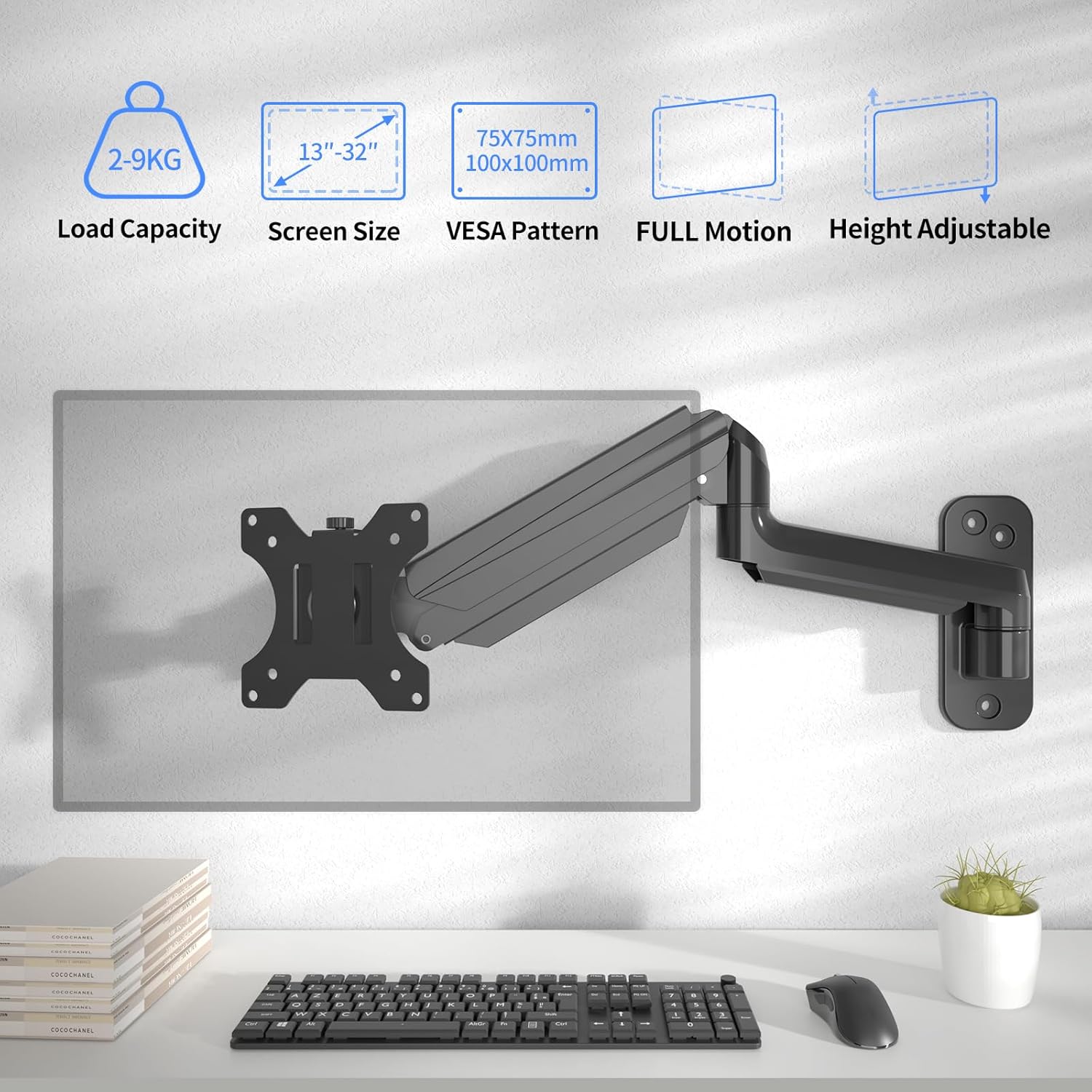 Support Mural Ecran PC pour Écrans LED/LCD/TV 17-32 Pouces jusqu'à 9 kg, Bras Ecran PC avec Ressort à Gaz Réglable, Support Mural Ecran PC Inclinable, Pivotant et Rotatif, VESA 75/100mm WM01A Large Noir