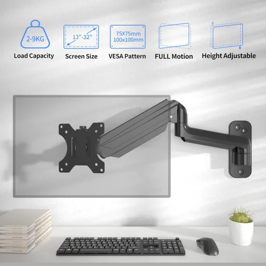Support Mural Ecran PC pour Écrans LED/LCD/TV 17-32 Pouces jusqu'à 9 kg, Bras Ecran PC avec Ressort à Gaz Réglable, Support Mural Ecran PC Inclinable, Pivotant et Rotatif, VESA 75/100mm WM01A Large Noir