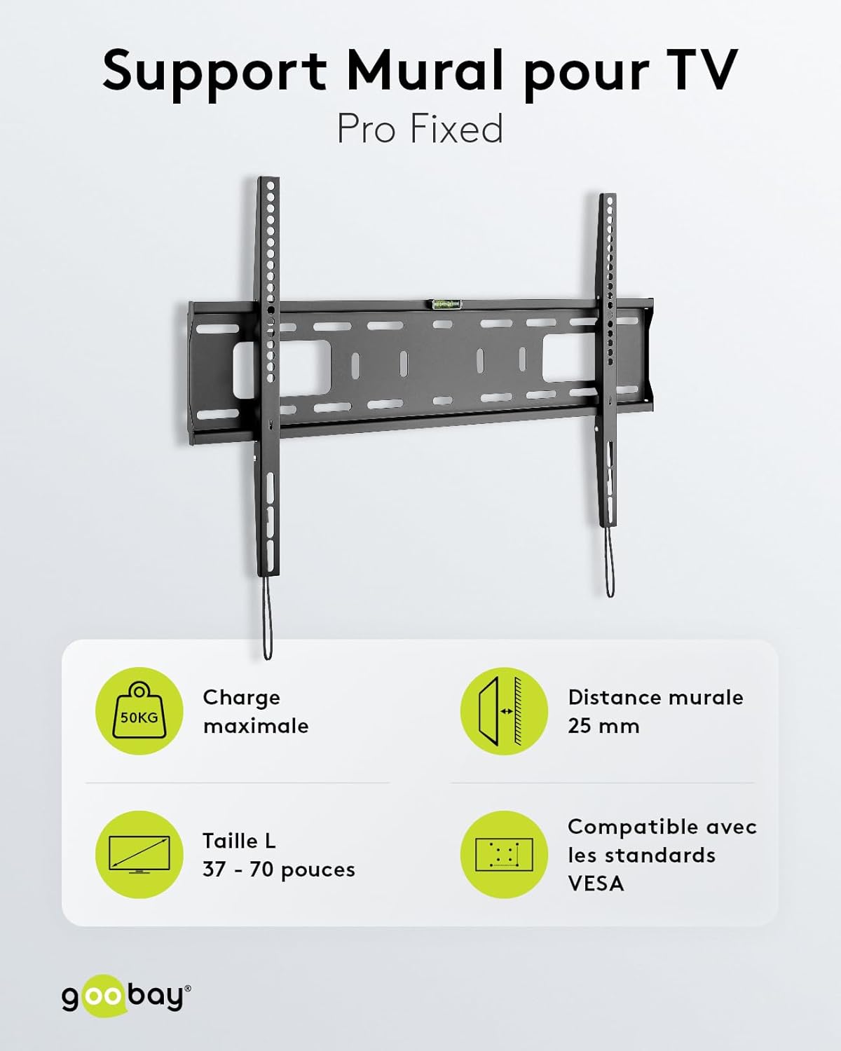 Goobay Support TV Mural Fixe 37-70 Pouces Ultra-Plat 25 mm VESA 600x400 Jusqu'à 50 kg - Basic Fixed L - 49891 50 KG (Pro)
