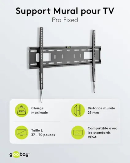 Goobay Support TV Mural Fixe 37-70 Pouces Ultra-Plat 25 mm VESA 600x400 Jusqu'à 50 kg - Basic Fixed L - 49891 50 KG (Pro)