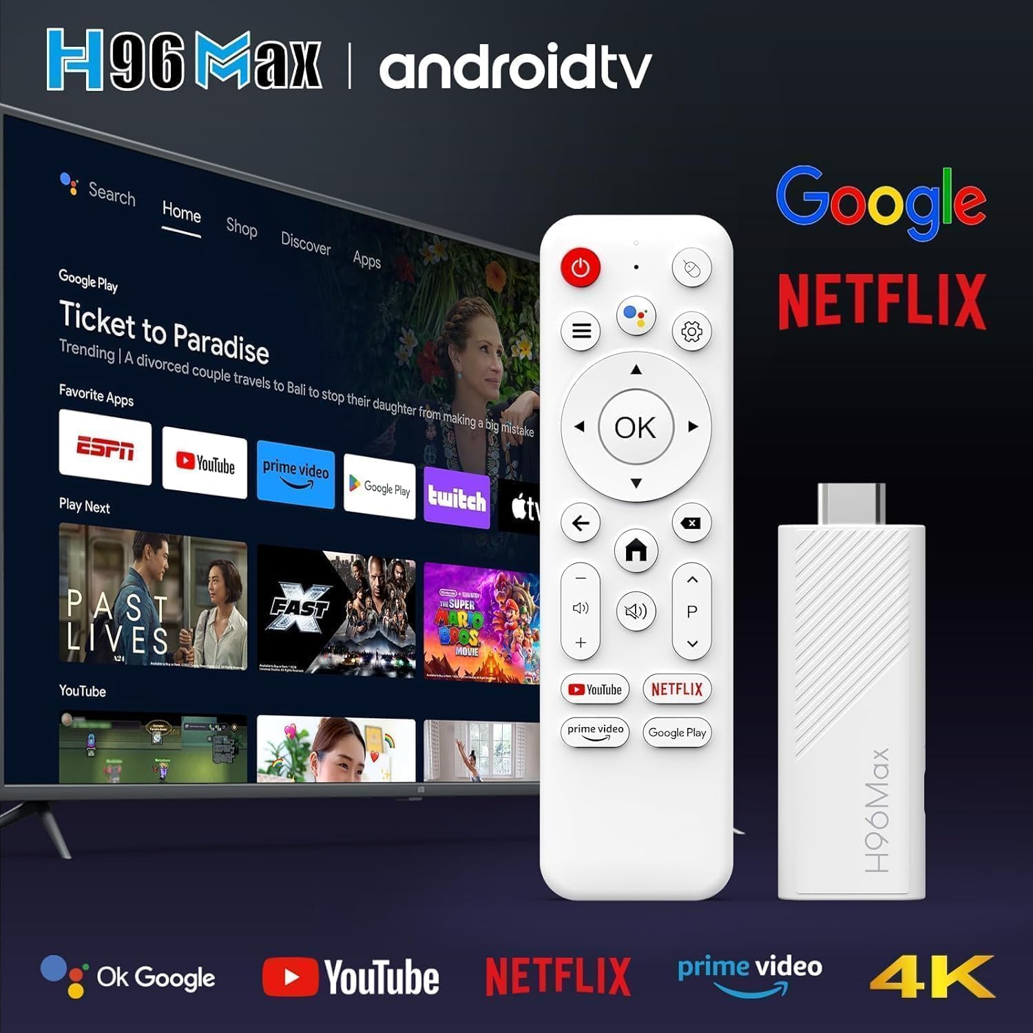 IPTV H96 Max TV Stick, TV Gratuite et en Direct,UHD Android 14,(Nouvelle génération) - Smart TV Gratuite et en Direct,Compatible Assistant Vocal, Chromecast Built-in Streaming 4K.