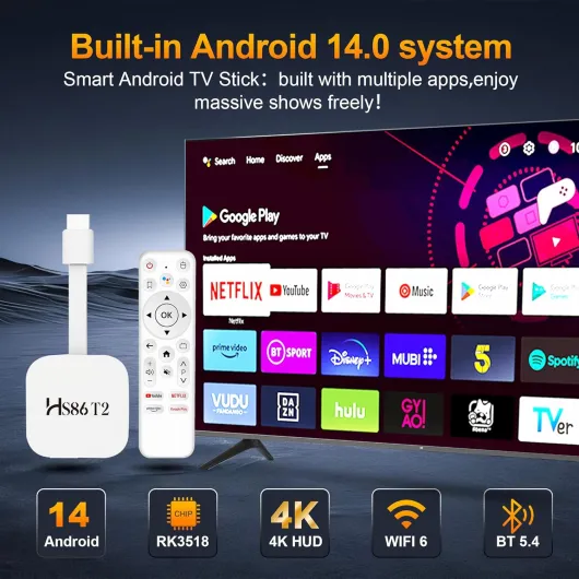 Android 14.0 TV Stick,2026 TV Stick 2GB 16GB RK3518 Quad-Core 32bit Cortex-A53 Chipset et Mali 450 MP2 GPU Supports 2.4G/5G Double Bande WiFi Bluetooth5.4 4k Ultra HD