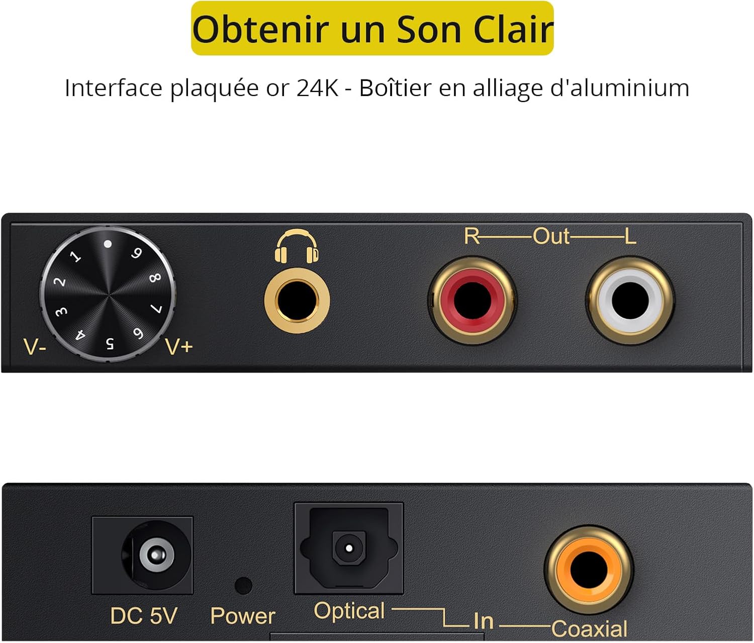 Convertisseur Audio DAC 192kHz Compatible Dolby AC-3 DTS 5.1CH Décodeur Optique/Coaxial vers RCA 3.5mm avec Volume