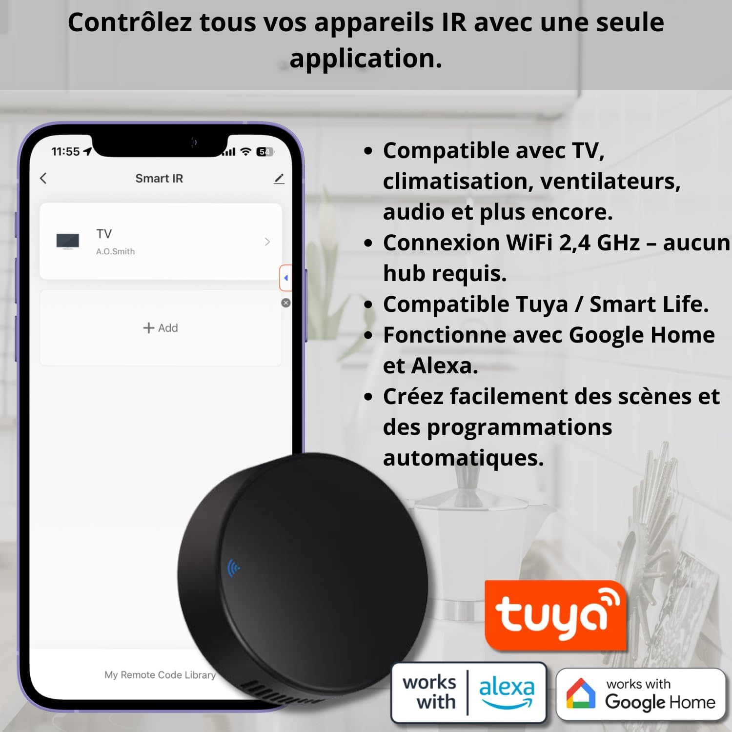 Sone Smart One Télécommande Universelle IR WiFi – Smart IR Tuya Smart Life pour Climatisation, TV, Décodeur – Contrôle à Distance – Portée 10m – WiFi 2.4GHz – 5V