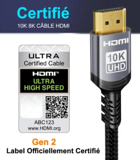 10K 8K 4K Câble HDMI 2.1 48Gbps 5M, Certifié Ultra Haute Vitesse HDMI® Cable 0.01ms 4K 240Hz 165Hz 120Hz 8K 60Hz eARC Netflix HDCP 2.3 2.2 DTS:X HDR10+ TV Moniteur Projecteur Roku
