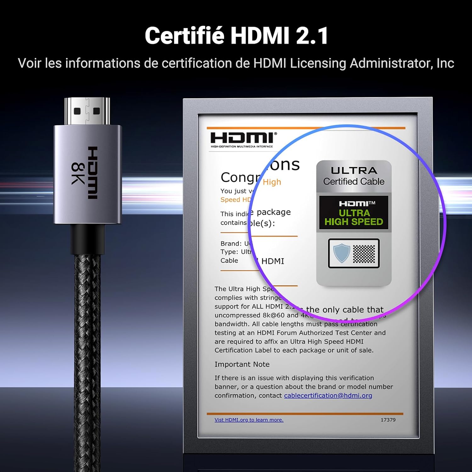 8K Câble HDMI 2.1 Certifié 10K 8K 60Hz 4K 240Hz Haute Vitesse 48Gbps Cordon HDMI Aluminium DynamicHDR Dolby Atmos HDCP Tressé en Nylon Compatible avec PS5 4 Xbox MacBook Pro Blu Ray HDTV (5M) 5.0 Mètres