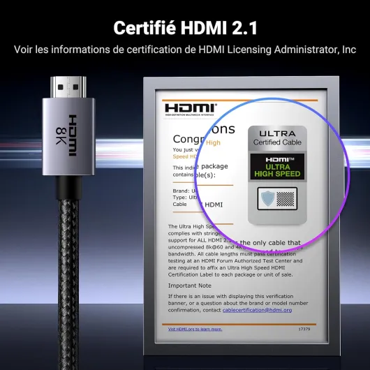 8K Câble HDMI 2.1 Certifié 10K 8K 60Hz 4K 240Hz Haute Vitesse 48Gbps Cordon HDMI Aluminium DynamicHDR Dolby Atmos HDCP Tressé en Nylon Compatible avec PS5 4 Xbox MacBook Pro Blu Ray HDTV (5M) 5.0 Mètres