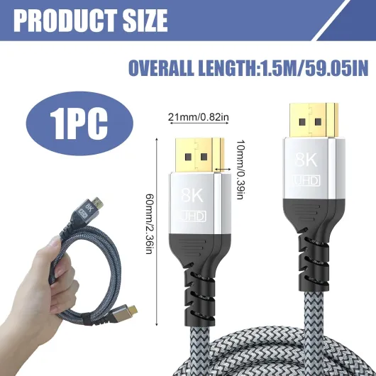 Câble HDMI 2.1 Ultra Haute Vitesse 8K 60Hz 4K 120Hz 144Hz 48Gbps eARC DynamicHDR Dolby Vision VRR ALLM QFT Compatible TV Switch TV 8K Moniteur PC RTX Projecteur Fibre Nylon Tressé 1,5 m
