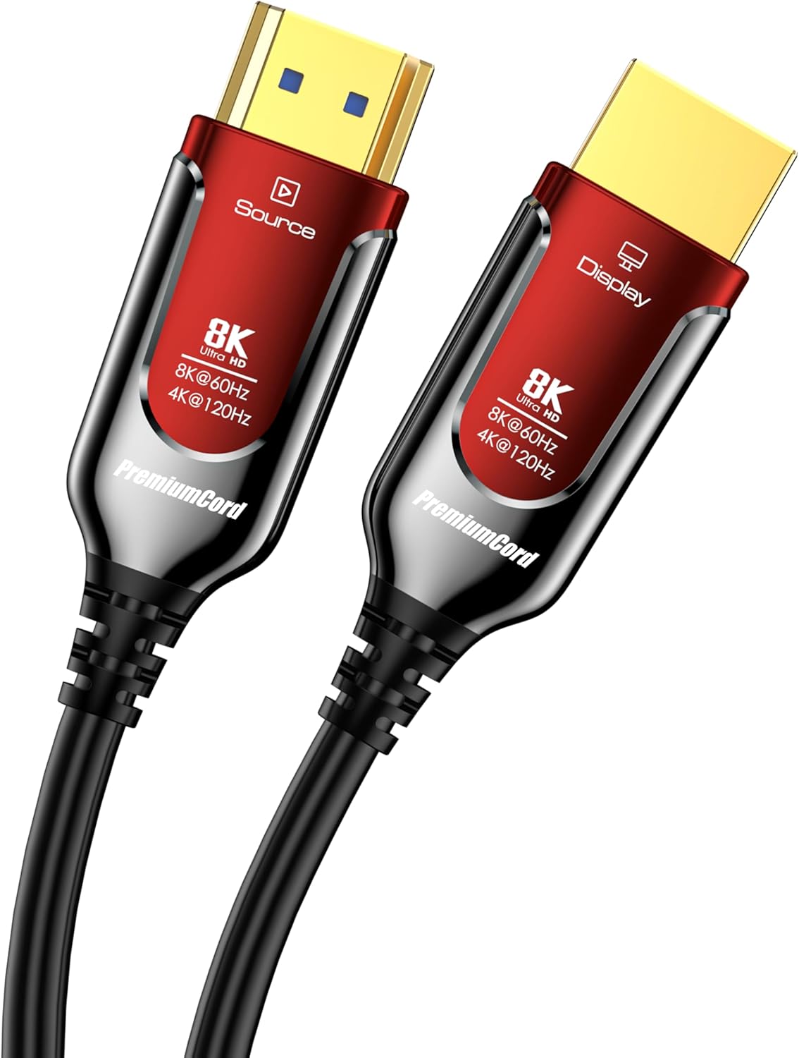 8K Câble à Fibre Optique HDMI 2.1, Ultra High Speed 48 Gbit/s, 3D, EDID, ARC, HDR, Résolution 8K@60Hz 4320p, 4K@240Hz, Compatible PS5, Xbox X, PC, TV, Noir/Rouge, Longueur 15 m