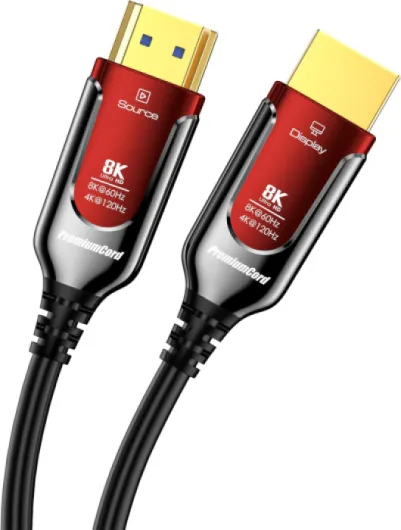8K Câble à Fibre Optique HDMI 2.1, Ultra High Speed 48 Gbit/s, 3D, EDID, ARC, HDR, Résolution 8K@60Hz 4320p, 4K@240Hz, Compatible PS5, Xbox X, PC, TV, Noir/Rouge, Longueur 15 m