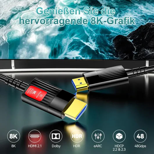 Câble HDMI 2.1 en fibre optique 8K 15 m, 48 Gbps Ultra Haute Vitesse Câble HDMI 2.1 8K @ 60Hz 4K @ 120Hz eARC HDCP 2.2&2.3 Dynamique HDR Dolby Atmos compatible avec Xbox, PS5/PS4, HDTV, ordinateur