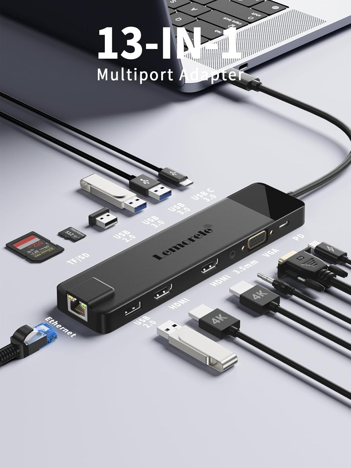 Station d'accueil USB C Double HDMI 4K & VGA, Hub USB C 13 en 1 Adaptateur Multiport (Ethernet Gigabit, 100W PD, 4 USB, SD/TF) pour MacBook Pro/Air M1 M2, Dell, HP, Surface Noir