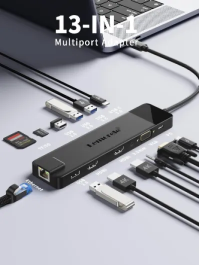 Station d'accueil USB C Double HDMI 4K & VGA, Hub USB C 13 en 1 Adaptateur Multiport (Ethernet Gigabit, 100W PD, 4 USB, SD/TF) pour MacBook Pro/Air M1 M2, Dell, HP, Surface Noir