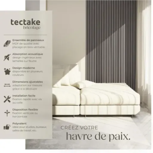 Test tectake panneaux acoustiques MDF 120x60 : déco sympa, isolation correcte mais pas magique