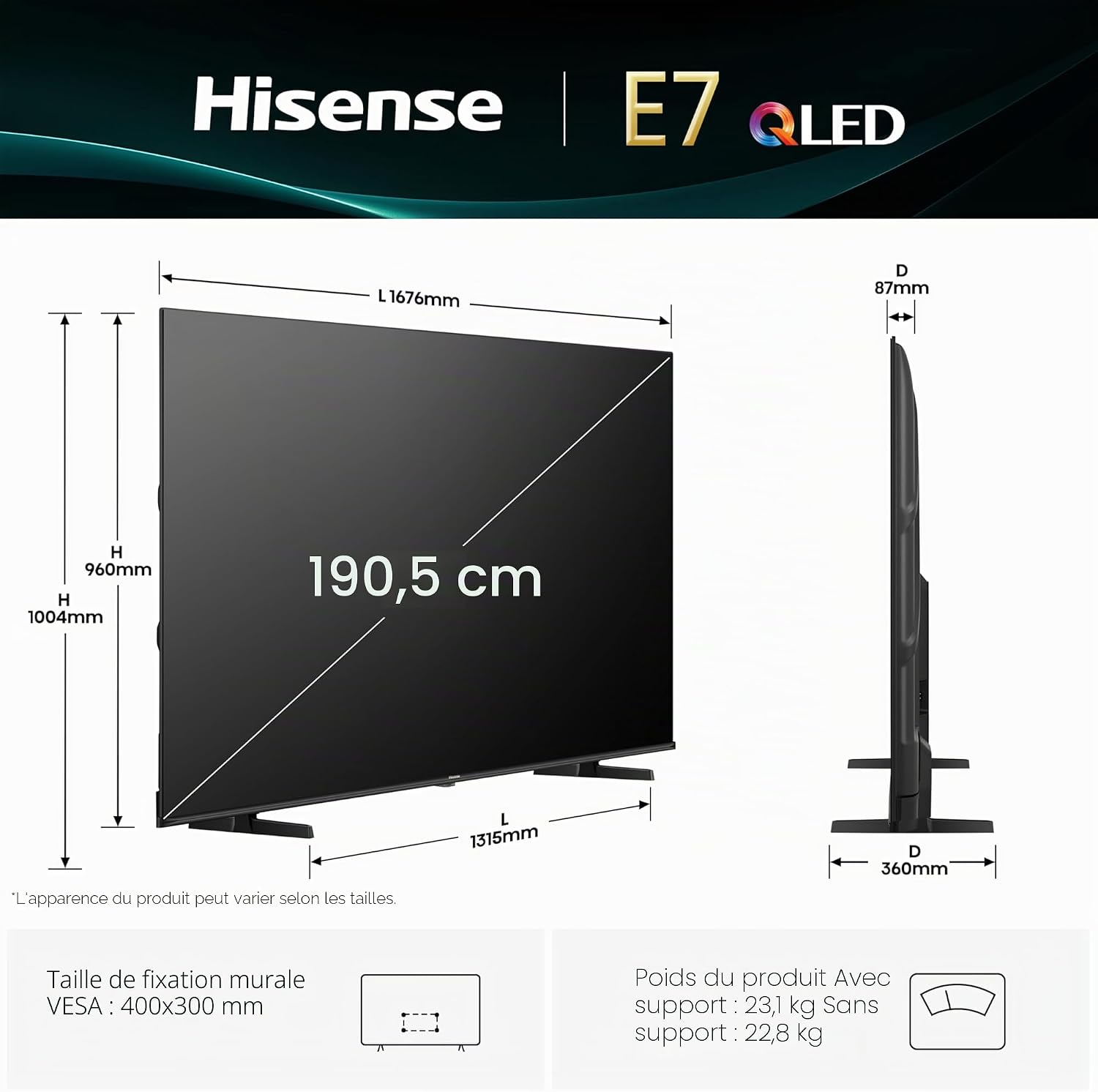 Smart TV 75 Pouces 75E7Q QLED 4K UHD Téléviseur, Dolby Vision Atmos, Mode Sport IA MEMC, HDR, VIDAA avec Youtube, Netflix, Disney+, Canal +, Commande vocale Alexa