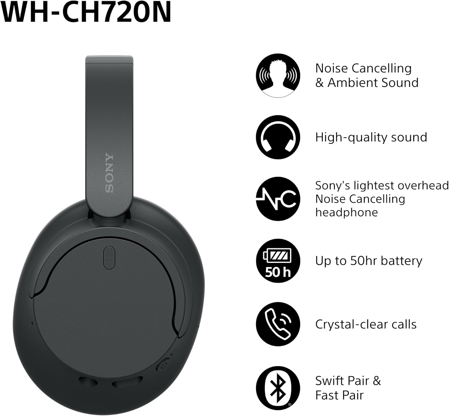 Sony WH-CH720N Wireless Bluetooth Noise Cancelling Over-Ear Headphones, Ambient Sound Mode, Lightweight Design, up to 35 Hr Battery Life, iOS & Android - Black