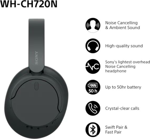 Sony WH-CH720N Wireless Bluetooth Noise Cancelling Over-Ear Headphones, Ambient Sound Mode, Lightweight Design, up to 35 Hr Battery Life, iOS & Android - Black