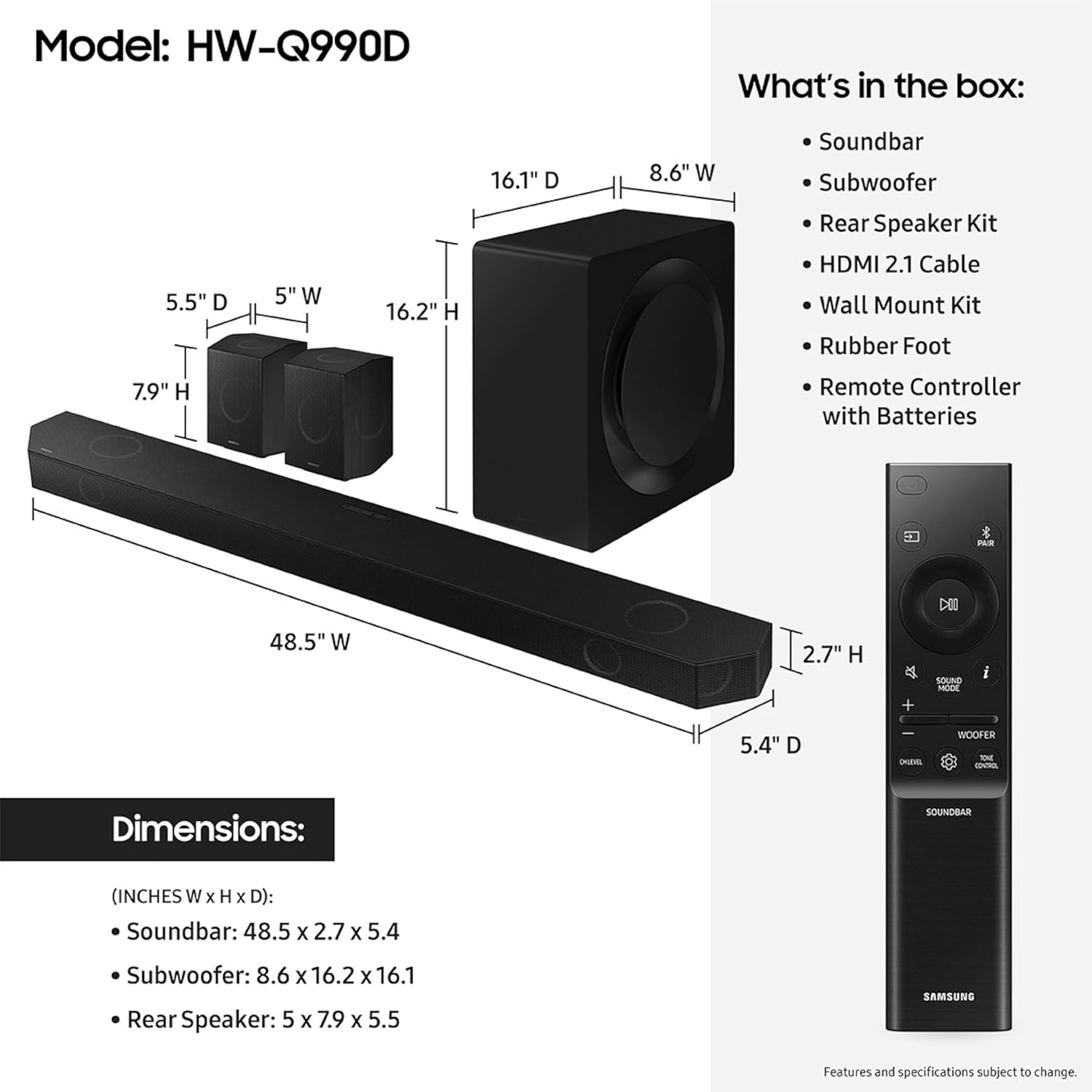 HW-Q990D Barre de Son 11.1.4 ch avec Son Dolby, Extension de Son Surround, Son adaptatif, Caisson de Basses sans Fil, 2024
