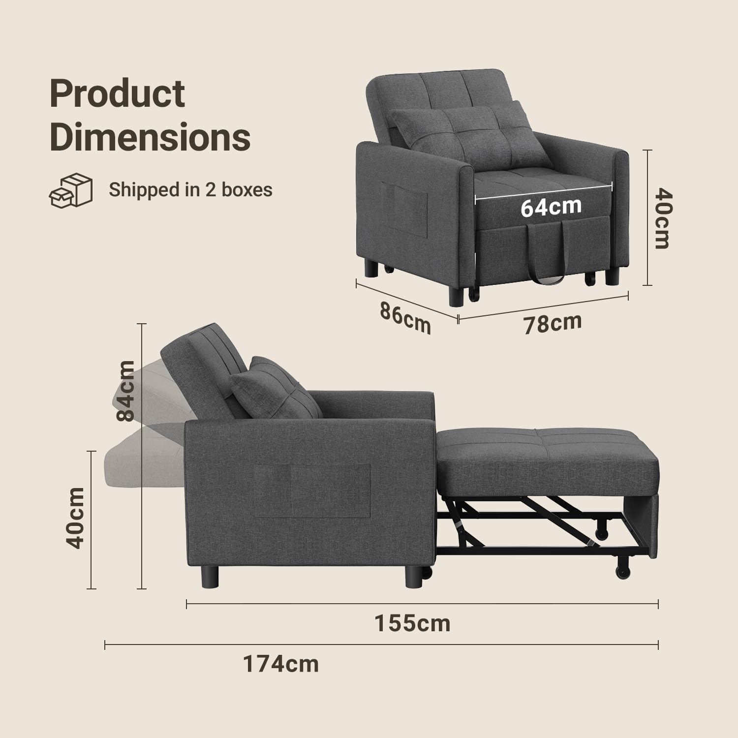 Xbro Fauteuil Chauffeuse 1 Place,3 en 1 Convertible Fauteuil-lit avec Fonction Lit avec Coussin et Sac, pour Petit Appartement (Gris foncé)