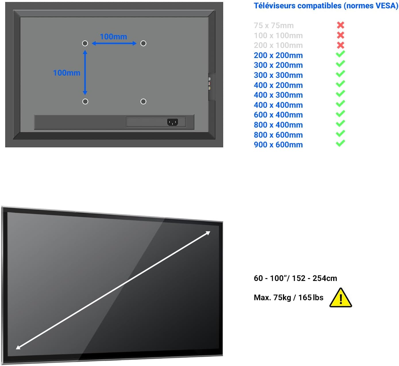 DeleyCON Support Mural Universel TV 60"-100" Pouces (152-254cm) Inclinable 75Kg & VESA 900x600 Plasma LCD LED OLED Curved Télévision Fixation