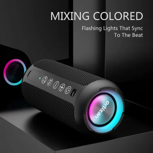 Enceinte Portable Bluetooth 5.3 sans Fil avec Bass Puissantes, Étanche IPX7, Subwoofer à 360 Degrés, Autonomie 30 hrs, Double Appairage Stéréo, Lumière LED noir