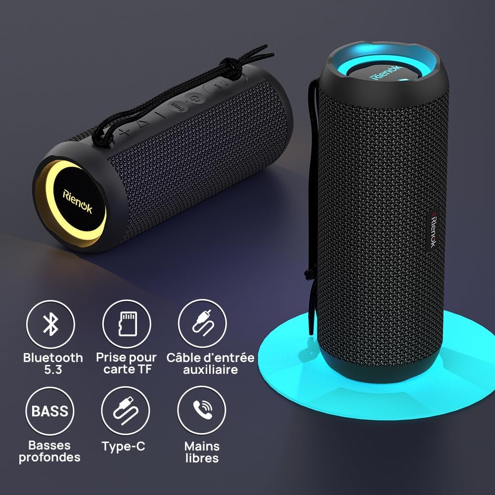 Enceinte Portable Bluetooth aux Basses Renforcées, 30H, Bluetooth 5.3, 30W Enceinte Puissante, IPX7, AUX, TF Carte, pour Fêtes/Voyage/Extérieur, Noir Noir classique