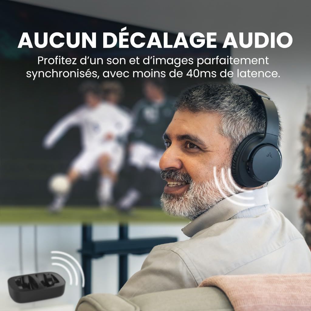 Ensemble – Casque TV sans Fil Bluetooth pour Regarder la Télévision, Son Clair, Installation Facile, Base de Recharge, 35h Autonomie, Confortable, Compatible avec Optique, AUX et Bluetooth