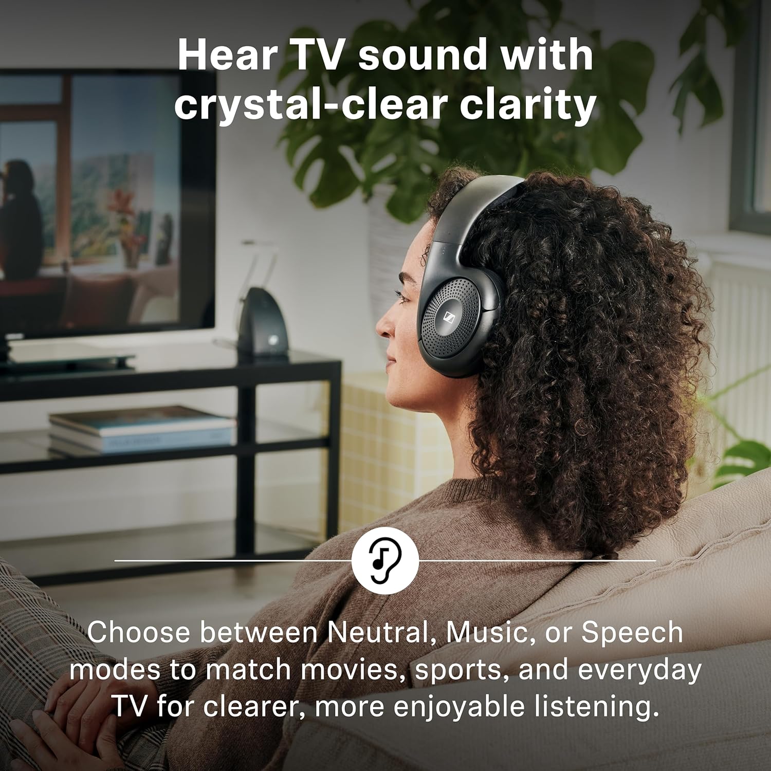 RS 120-W, Casque Bluetooth pour la télévision, 3 modes de son, design léger, contrôle facile du volume, portée de 60 m et combiné émetteur/chargeur, Noir