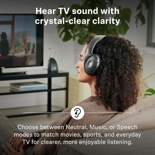 RS 120-W, Casque Bluetooth pour la télévision, 3 modes de son, design léger, contrôle facile du volume, portée de 60 m et combiné émetteur/chargeur, Noir