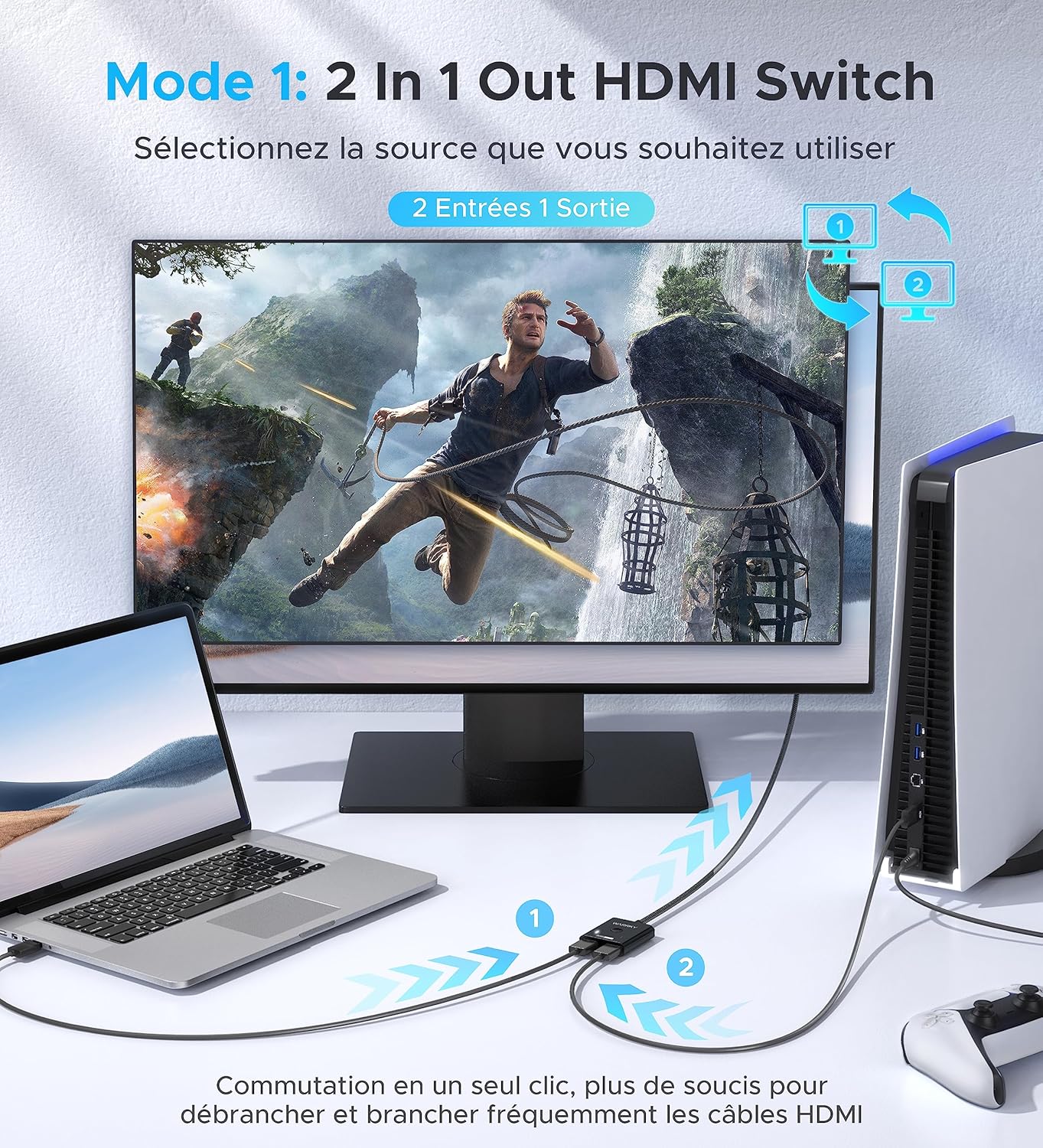 Commutateur HDMI 4K 60Hz 2K 144Hz Commutateur bidirectionnel, [Boîtier en aluminium, Nylon tressé] Répartiteur HDMI 2 en 1 (seulement 1 moniteur) Compatible avec clé TV, Xbox, PS5/4, PC, noir