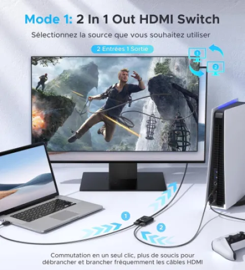 Commutateur HDMI 4K 60Hz 2K 144Hz Commutateur bidirectionnel, [Boîtier en aluminium, Nylon tressé] Répartiteur HDMI 2 en 1 (seulement 1 moniteur) Compatible avec clé TV, Xbox, PS5/4, PC, noir
