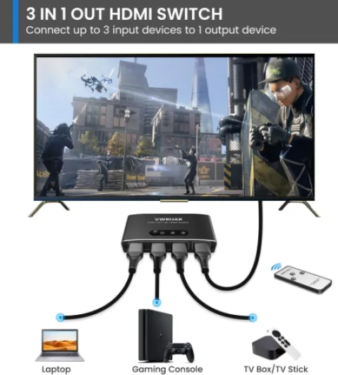Multiprise HDMI Aluminium 3 Entrées vers 1 Sortie avec Télécommande - Splitter 4K 3D 1080P HDR Compatible PS5 PS4 Xbox Blu Ray Lecteur DVD PC TV Box
