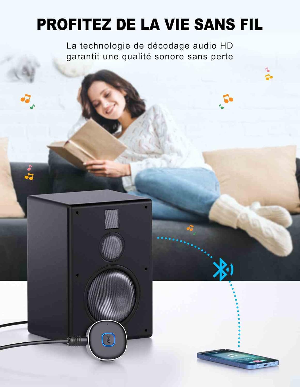 Récepteur Bluetooth Voiture, Adaptateur Bluetooth 5.3 Jack pour Haut-Parleur/Stéréo Domestique/Casque Filaire, 3.5mm AUX Bluetooth Recepteur Appel Main Libre, Double Connexion, 16H d'Autonomie
