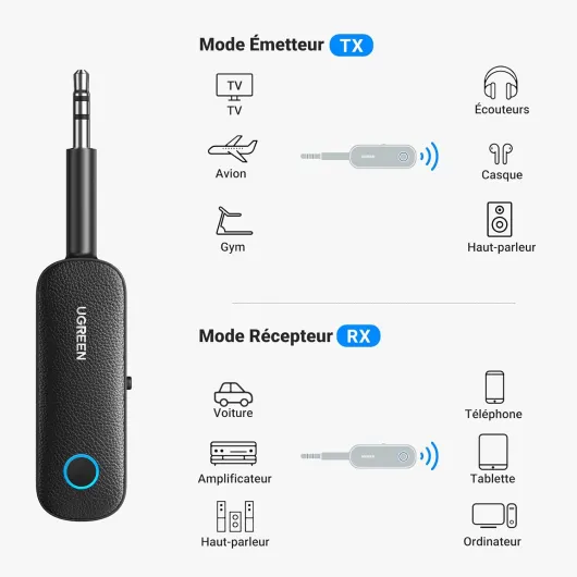 Bluetooth 5.4 Émetteur Récepteur 2 en 1 Adaptateur Bluetooth Jack - TX RX Microphone Supporte 2 Connexions Compatible avec Voiture Avion Chaîne HiFi Casque Enceinte Haut Parleur Amplificateur