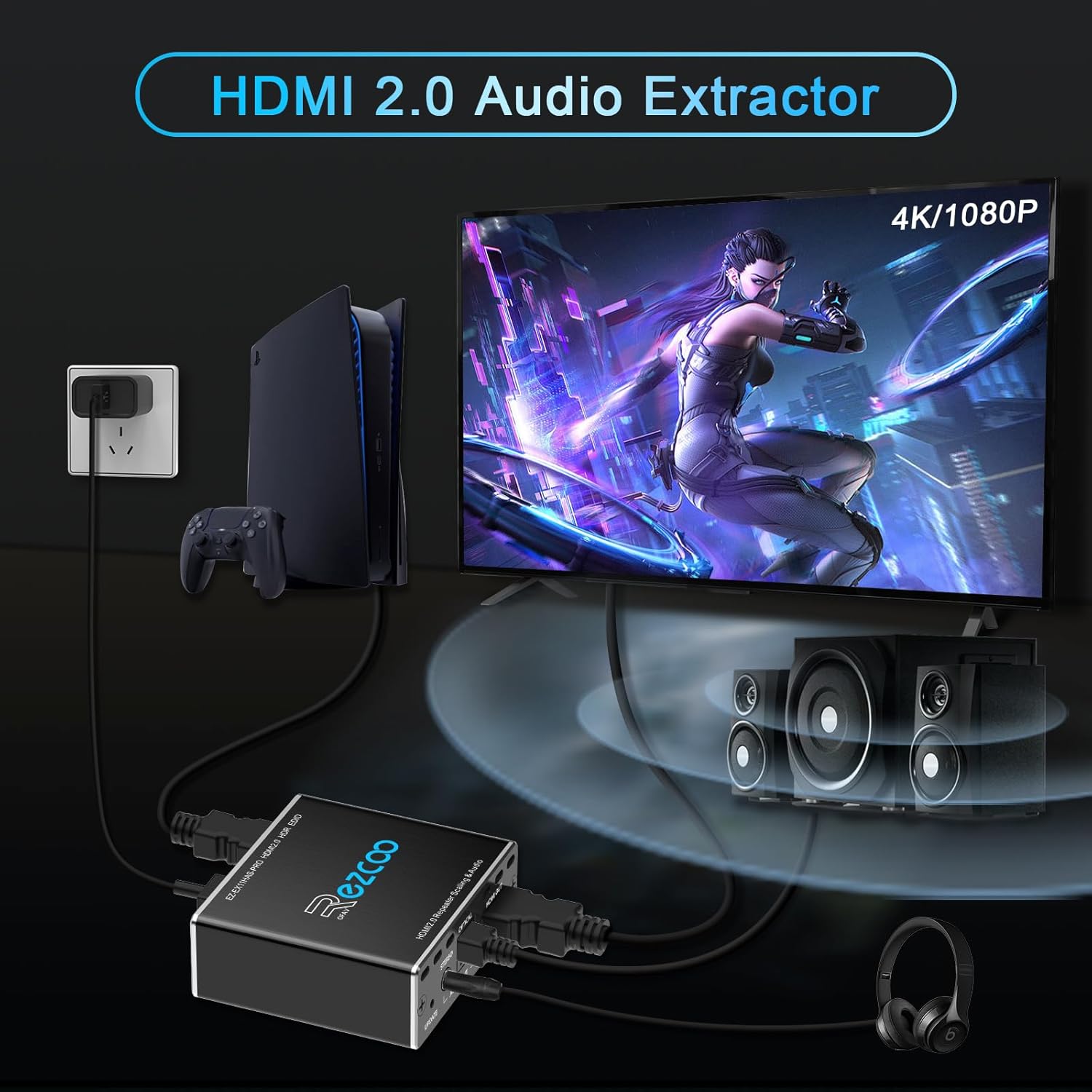 4K 60Hz HDMI Extracteur Audio 1080P 120Hz HDCP2.2 CEC D-olby vision HDR10 DE-embed SPDIF Optical Stéréo Sortie Audio D-olby Digital Gestion EDID Scaler 4K 1080P pour PS5 SkyQ Xbox Fire Stick Apple TV HDMI 2.0 Audio Extractor