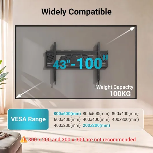Support mural TV fixe pour téléviseurs plats et incurvés de 43 à 100 pouces, profil bas ultra-fin de 23 mm, capacité de charge robuste de 100 kg, VESA max 800x600 mm, plaque monobloc, design