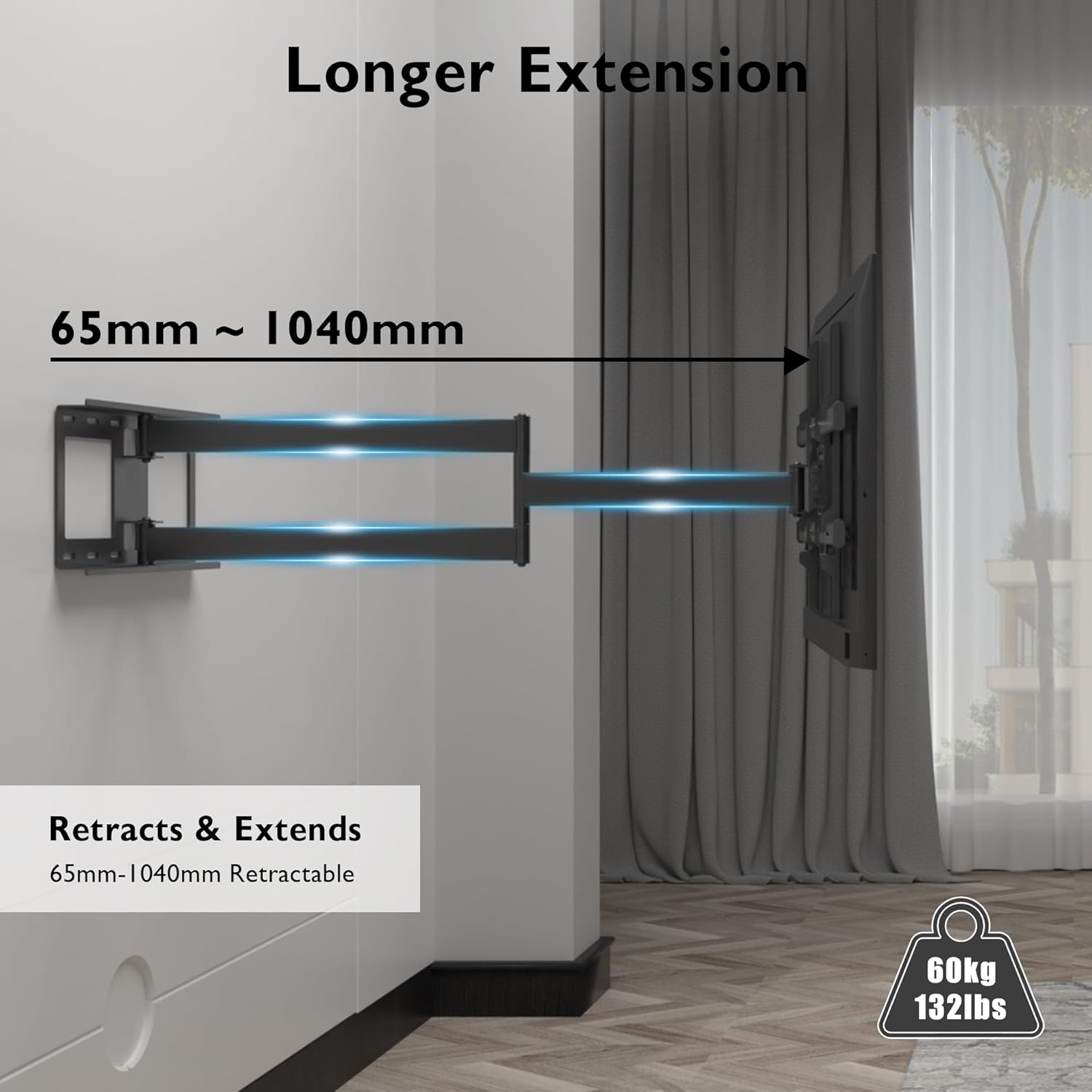 Support Mural TV à Extra Longue Portée 1040 mm pour Écrans Plats/Incurvés LCD/LED/OLED de 32 à 75 Pouces jusqu'à 60 kg, Support TV Mural Pivotant, Inclinable et Rotatif, Max VESA 600x400 mm Large