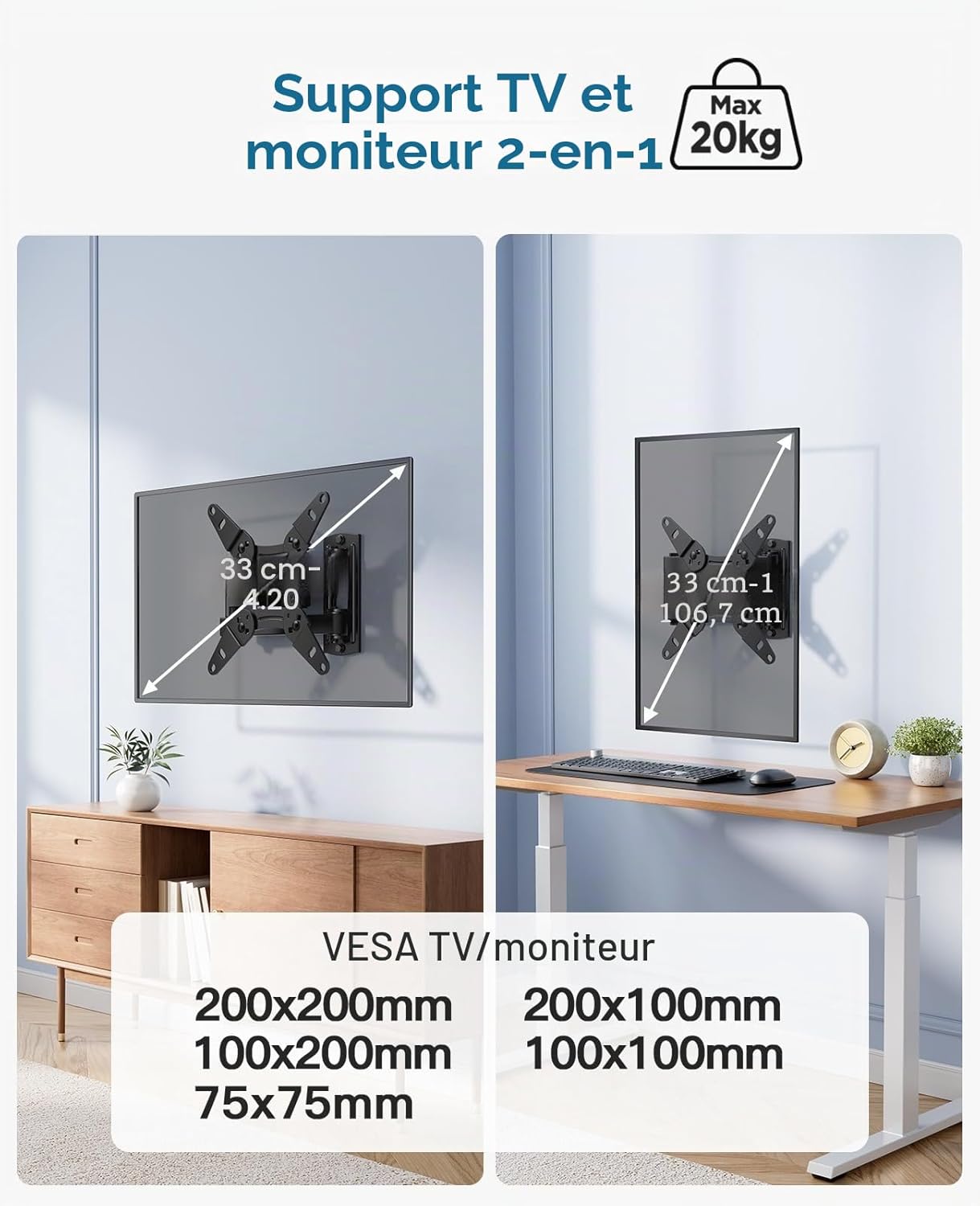 Support Mural TV 13-42 Pouces Jusqu'à 20KG, Support TV Mural Orientable Inclinable et Rotation 360°, Bras Accroche TV Max VESA 200x200mm 13-42 pouces (33-107 cm)