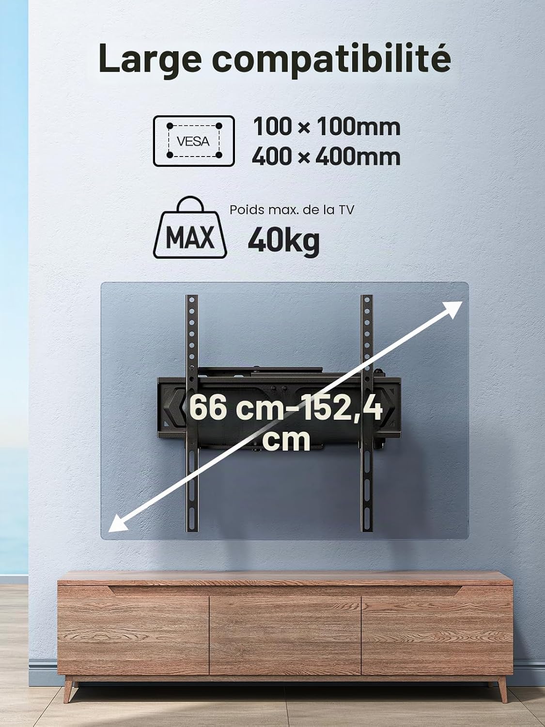 Support Mural TV, pour 26-60 Pouces (66-152 cm) Télévision Jusqu'à 40kg, Fixation TV Murale Orientable et Inclinable 50 55 Pouces, Max VESA 400x400mm PSMFK10