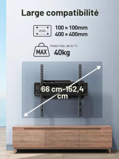 Support Mural TV, pour 26-60 Pouces (66-152 cm) Télévision Jusqu'à 40kg, Fixation TV Murale Orientable et Inclinable 50 55 Pouces, Max VESA 400x400mm PSMFK10