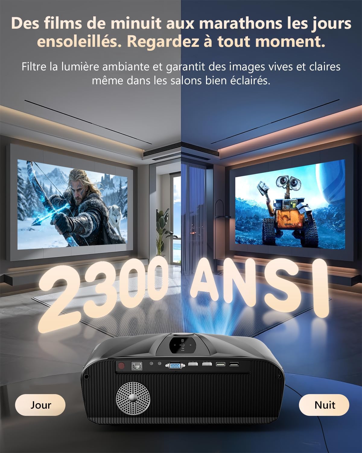 Vidéoprojecteur 4K UHD 2300 ANSI Lumière du jour Projecteur d'intérieur Home Cinéma HDR10 WiFi6 Bluetooth NFC Smart Android Projecteurs Mise au point automatique/correction trapézoïdale HDMI ARC USB Gris