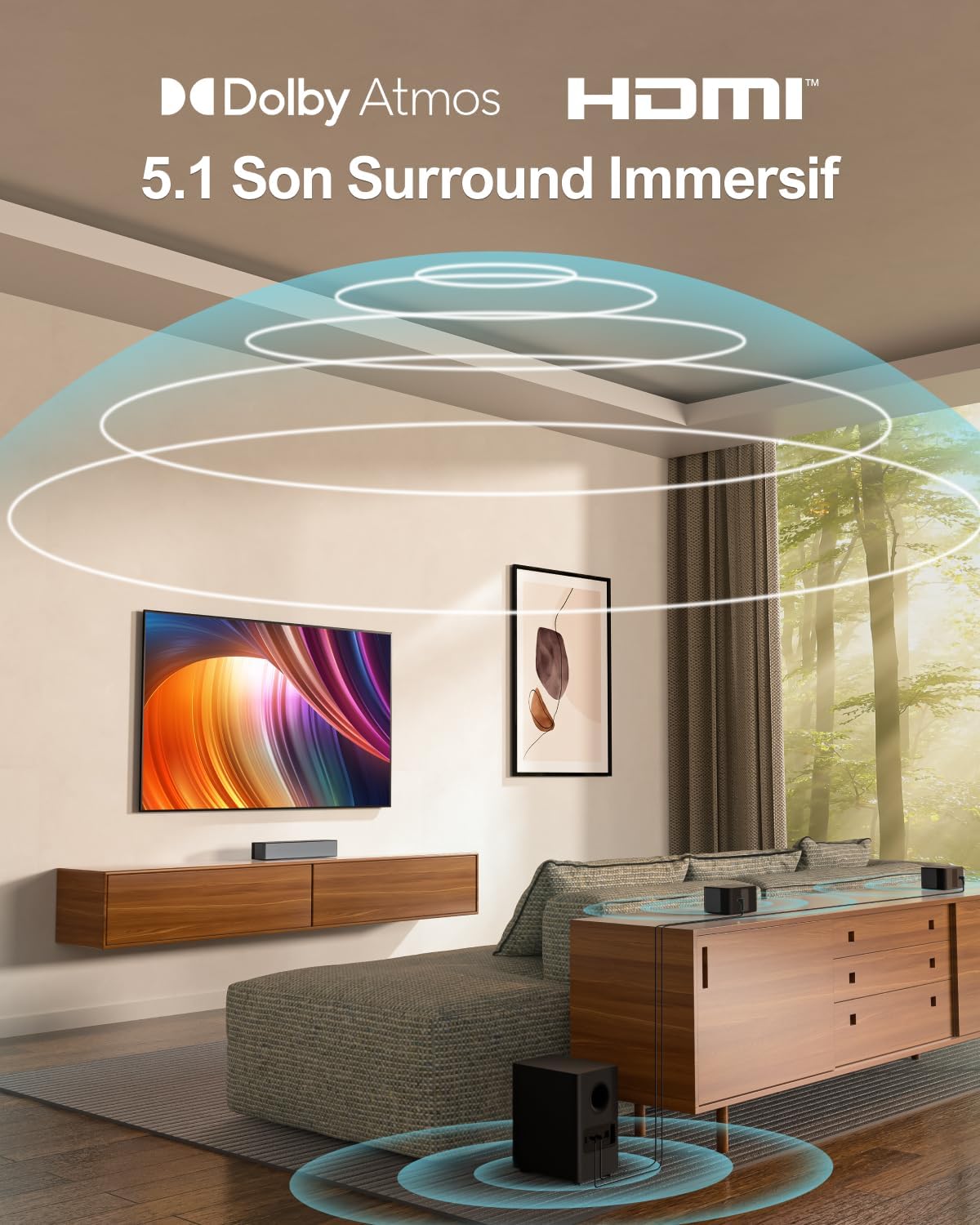 Barre de Son Dolby Atmos 5.1, Système de Son Surround 3D Barre de Son TV avec Caisson de Basse sans Fil, Enceintes TV Home Cinema Bass Réglable, Série Poseidon D60 U2520