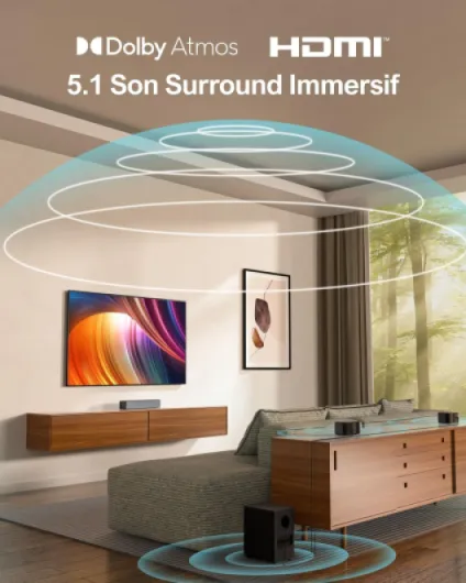 Barre de Son Dolby Atmos 5.1, Système de Son Surround 3D Barre de Son TV avec Caisson de Basse sans Fil, Enceintes TV Home Cinema Bass Réglable, Série Poseidon D60 U2520