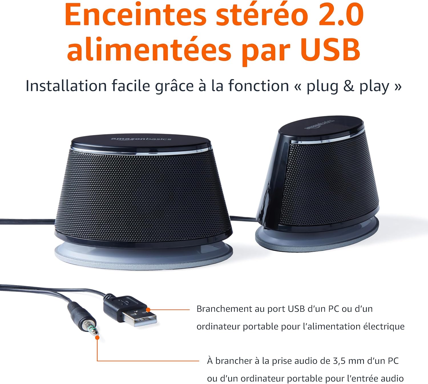 Haut-parleurs stéréo 2.0 pour PC ou ordinateur portable, entrée auxiliaire 3,5 mm, alimentation USB, 1 paire, noir Noir Single Unique