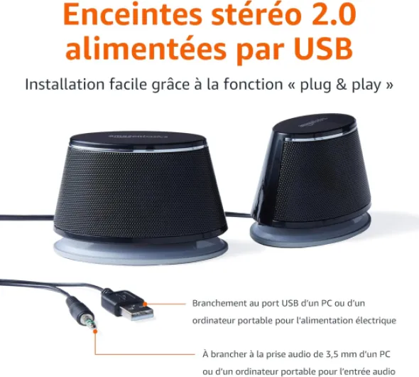 Haut-parleurs stéréo 2.0 pour PC ou ordinateur portable, entrée auxiliaire 3,5 mm, alimentation USB, 1 paire, noir Noir Single Unique