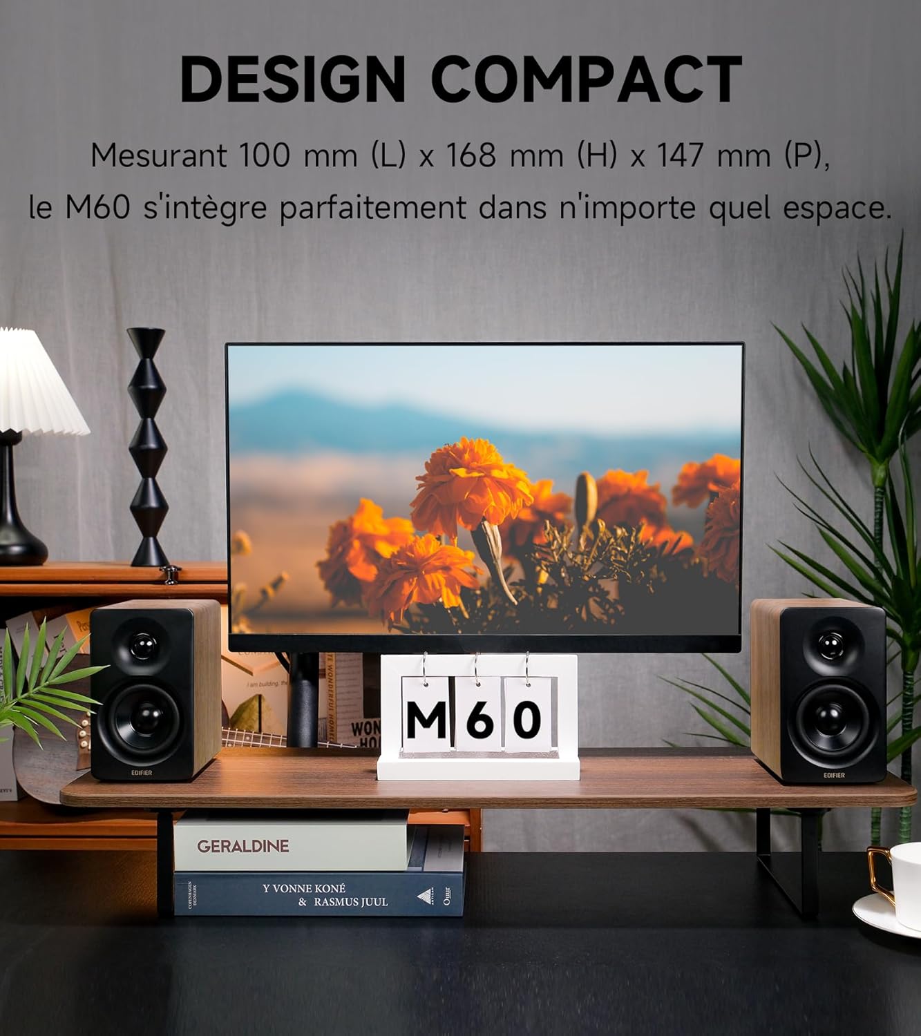 M60 Haut-parleur multimédia Bluetooth 5.3, 66 W RMS, audio haute résolution et audio sans fil Hi-Res, LDAC, basses moyennes de 3" et tweeter de 1", USB-C & entrées auxiliaires, haut-parleur de M60 Chêne