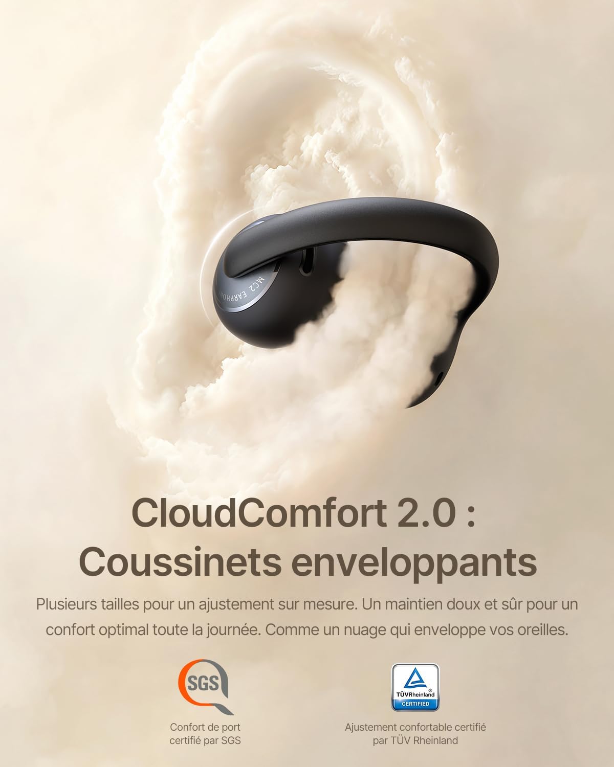 MC2 Écouteurs à Oreilles Libres, Clip-on avec CloudComfort 2.0, Hi-Res Audio, LDAC, SuperBass 3.0, Bluetooth 6.0, 4 Micros avec IA pour appels nitides, 55 h d'autonomie, IP67, légers 5,1 g Noir